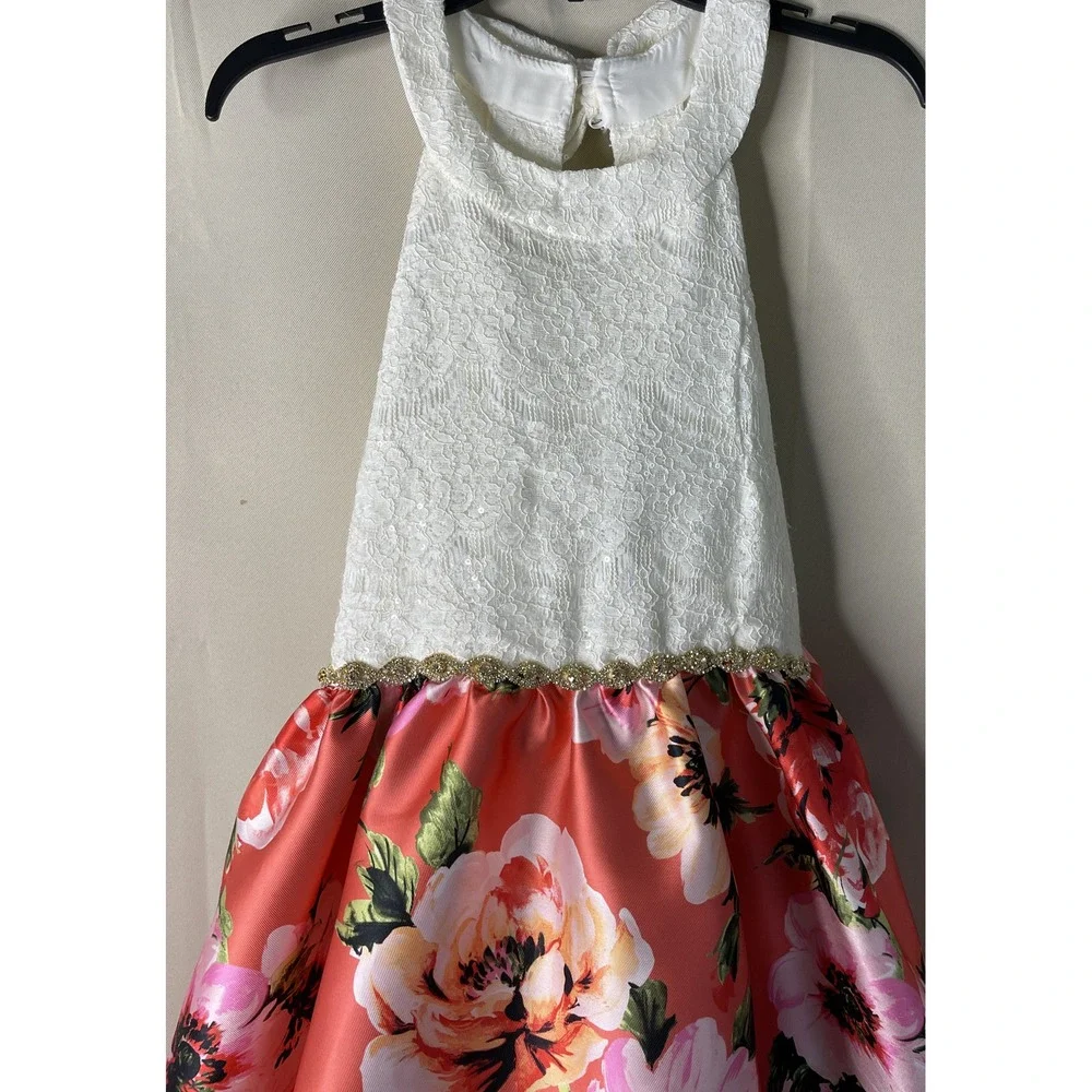 Rare Editions Girls Size 16 High Low Dress Coral Pink Floral Lace Sequin Bow NEW